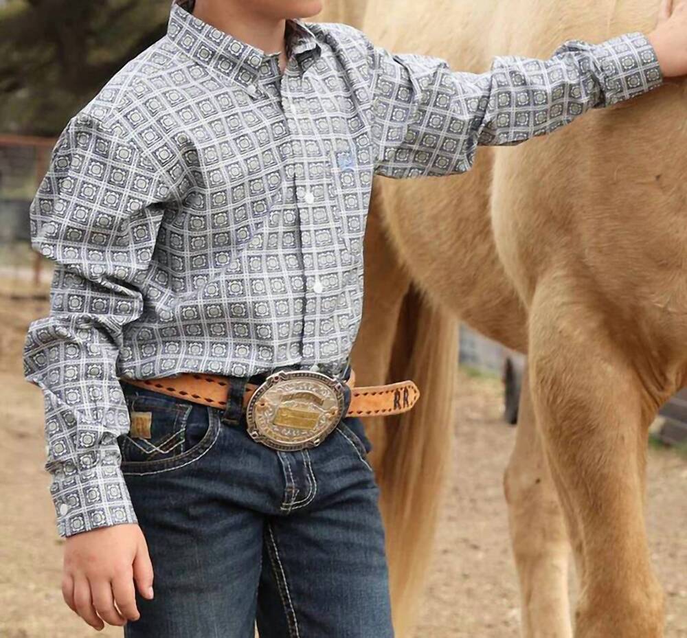 NEW CINCH boy's plain weave western shirt in navy/yellow/ geo